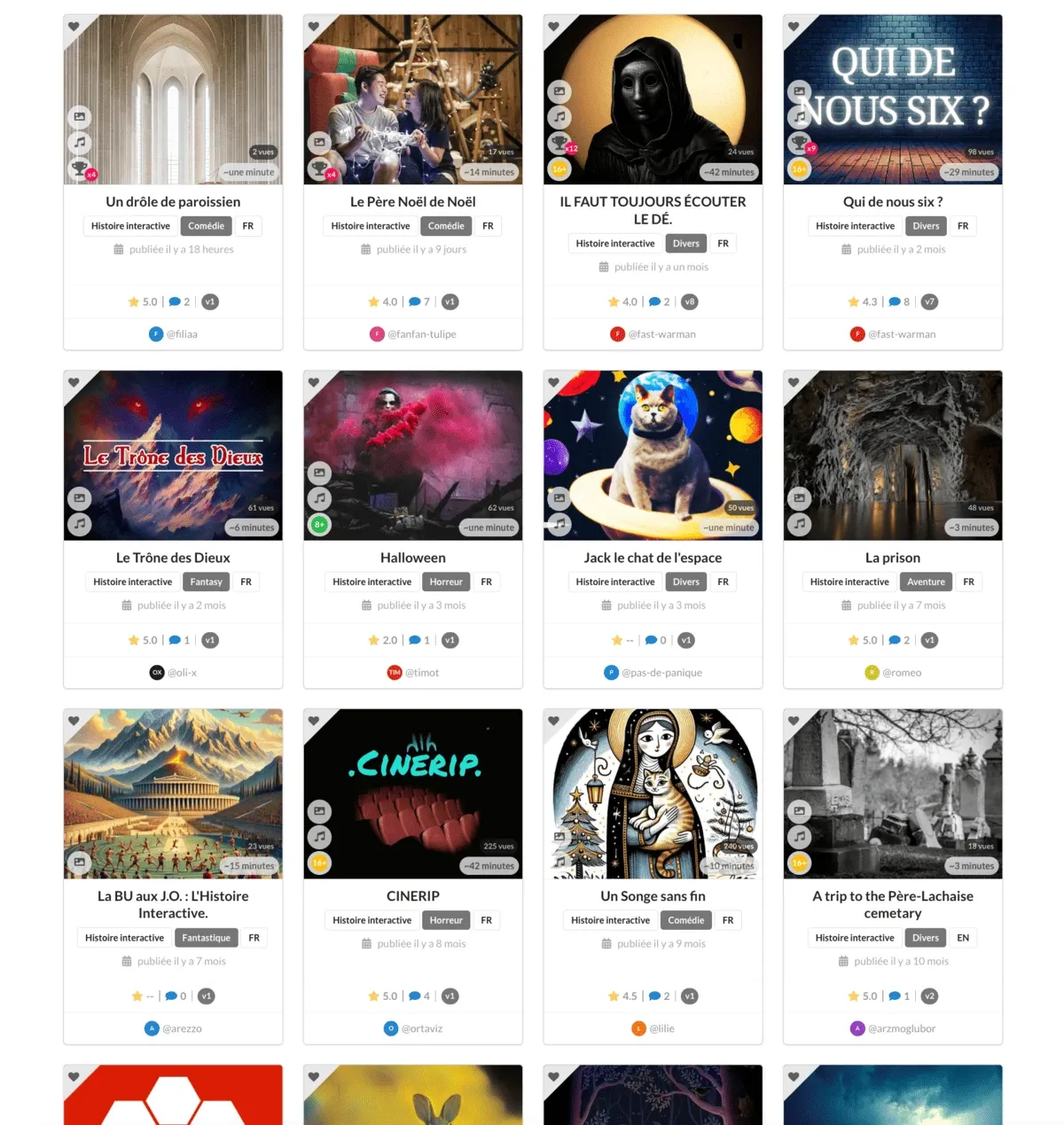 Le catalogue Moiki en grille de cartes, avec genre, durée, nombre de vues, notes et auteurs.