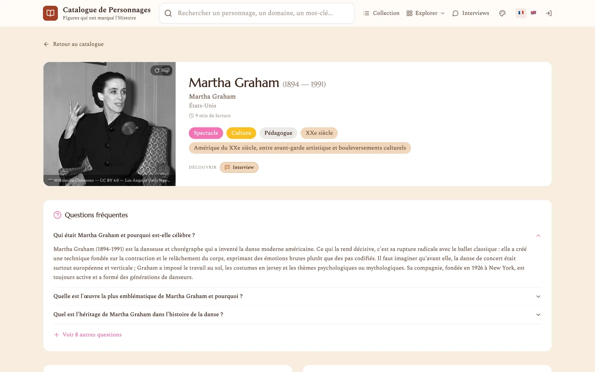 La fiche de Martha Graham : portrait, dates, domaines et questions fréquentes.