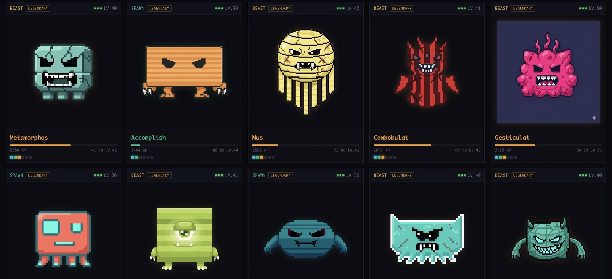 Une collection Claudemon : dix créatures légendaires en pixel art (Metamorphos, Accomplish, Mus, Combobulat, Gesticulat…), chacune avec son niveau et son expérience.