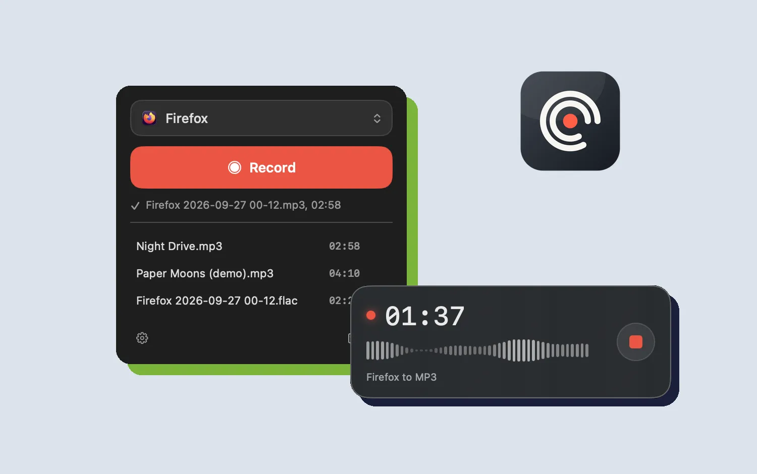 Sillio : le panneau de la barre de menus, source Firefox et bouton Record, à côté de la petite fenêtre flottante qui affiche le chrono et le niveau pendant l’enregistrement.