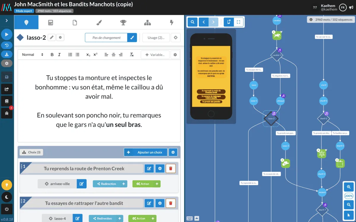 L’éditeur Moiki en mode expert : le texte d’une séquence et ses choix à gauche, le graphe de l’histoire à droite, avec un aperçu mobile.
