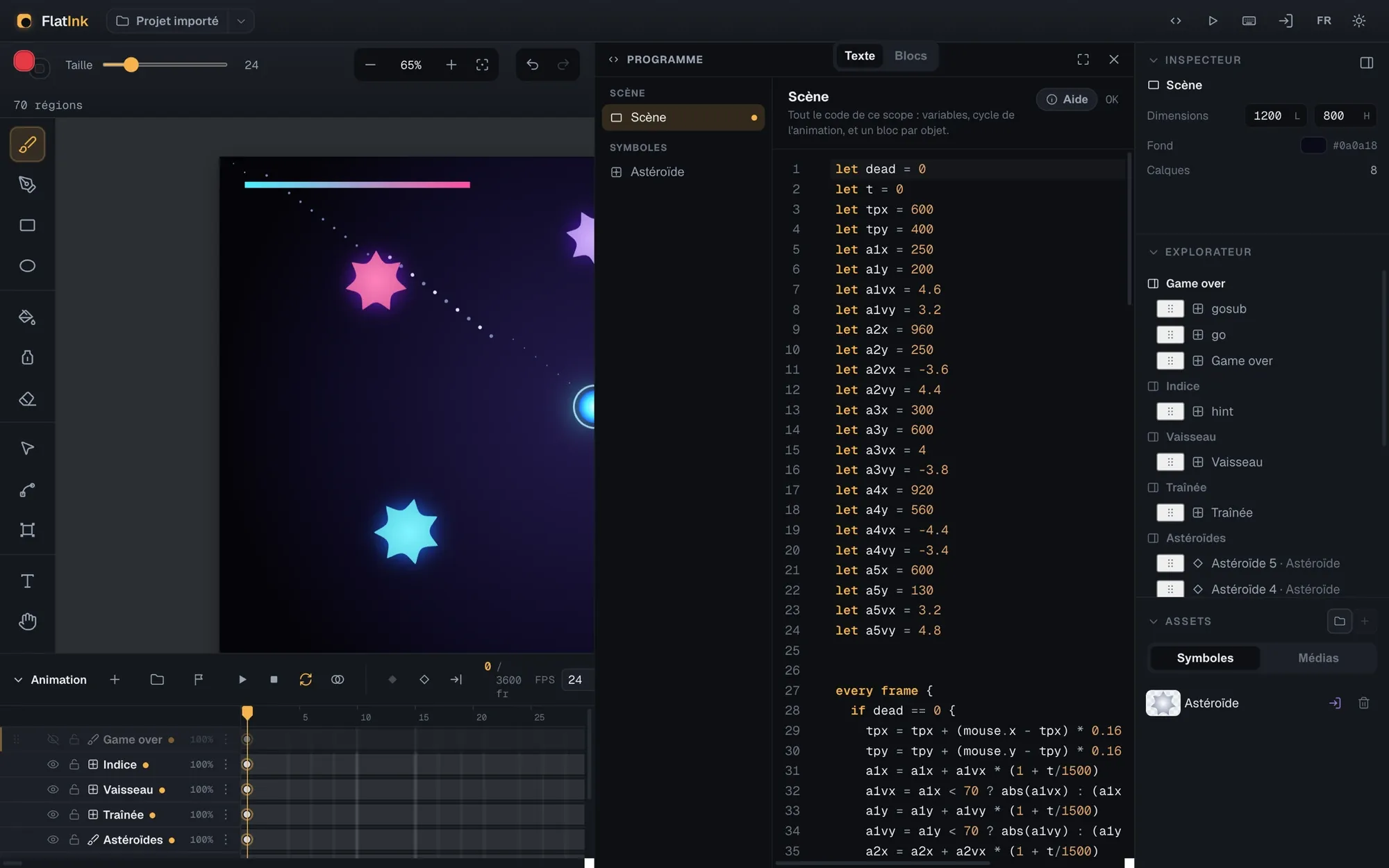 La même scène avec le panneau Programme ouvert en mode texte, un script lisible avec « let » et « every frame ».