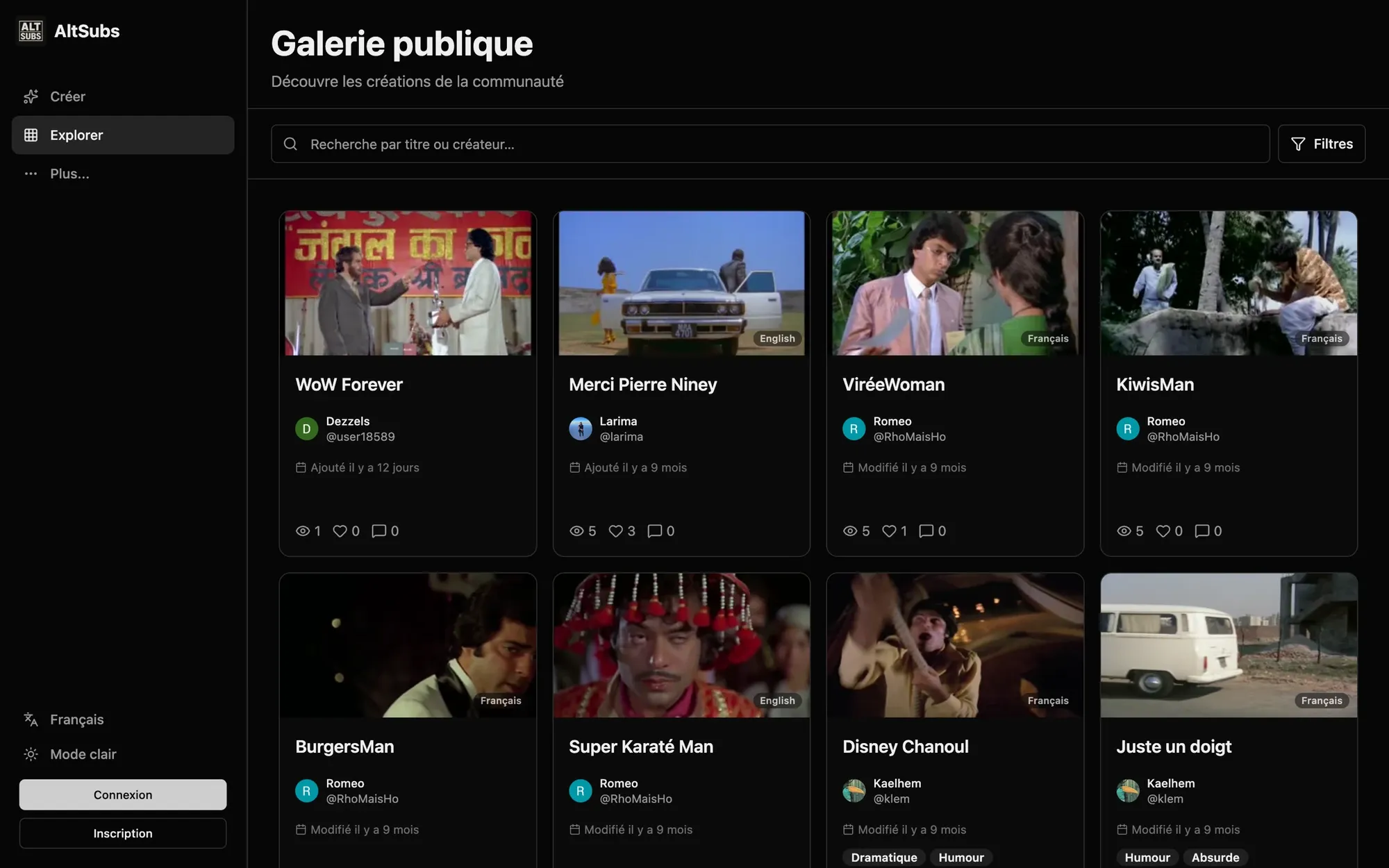 La galerie publique des créations, avec vues, likes et langues.