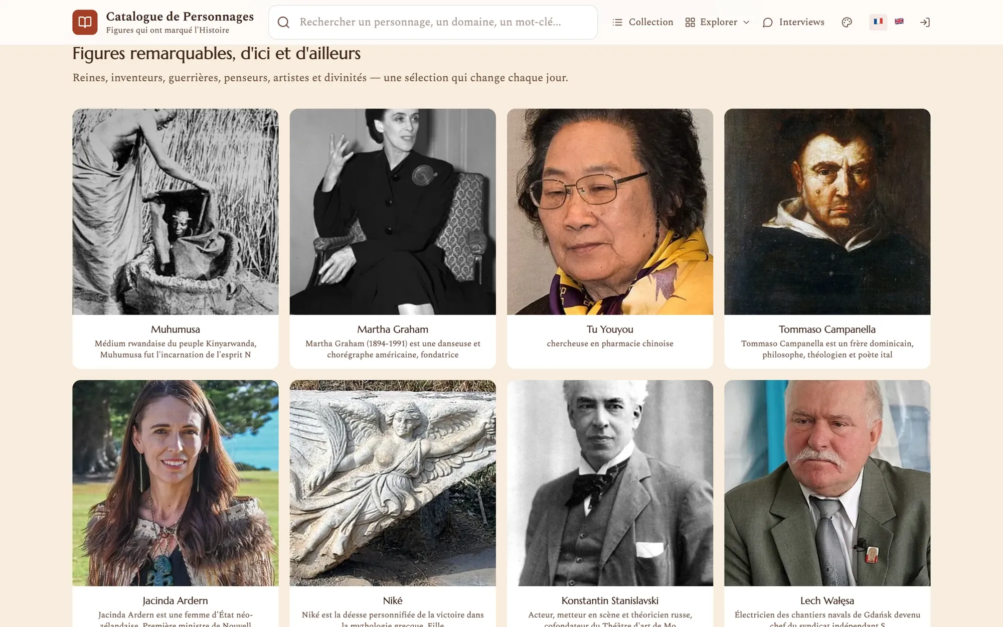 L’accueil de Charactorium, « Figures remarquables, d’ici et d’ailleurs », avec une galerie de huit portraits.