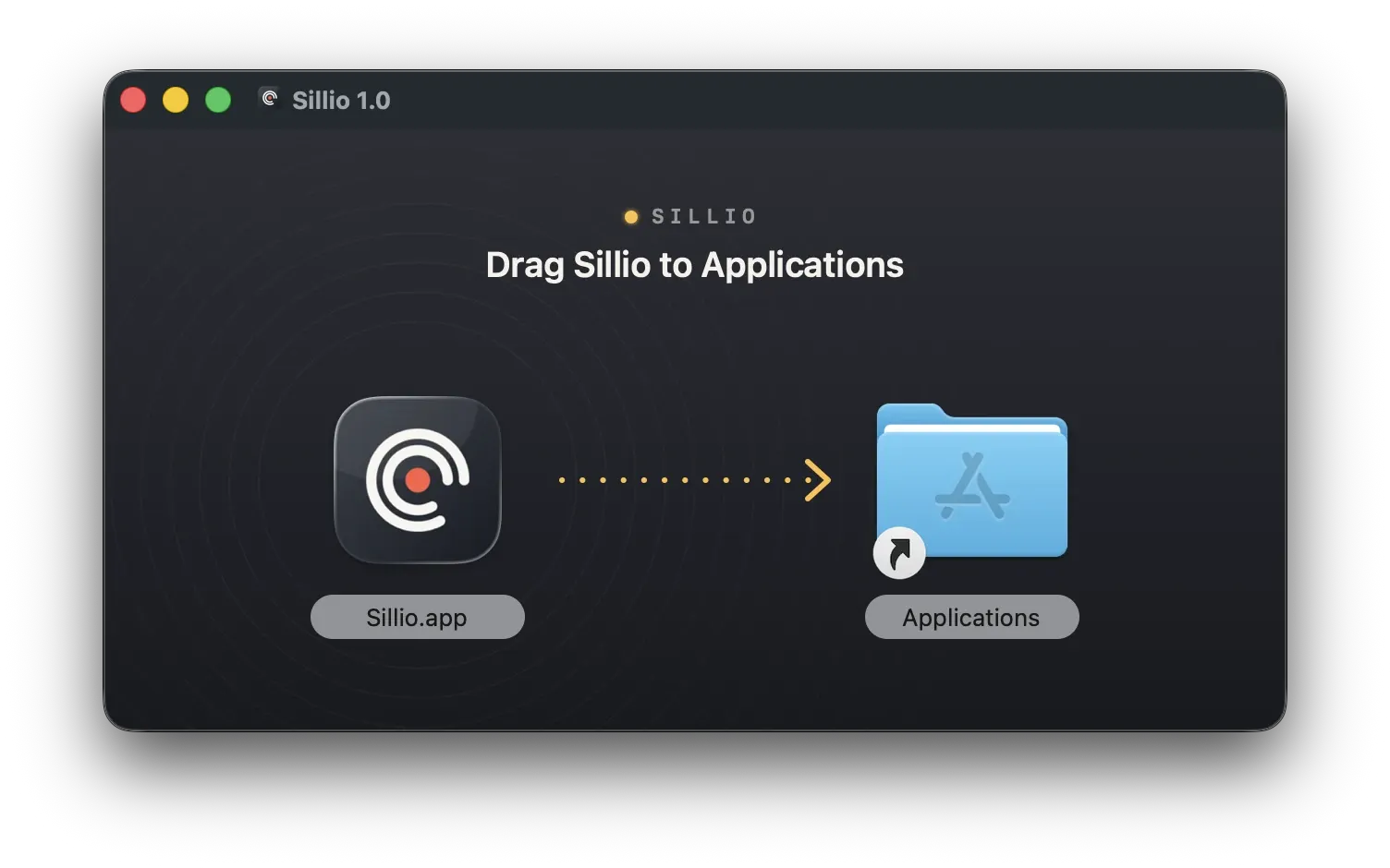 La fenêtre d’installation : glisser Sillio dans le dossier Applications.