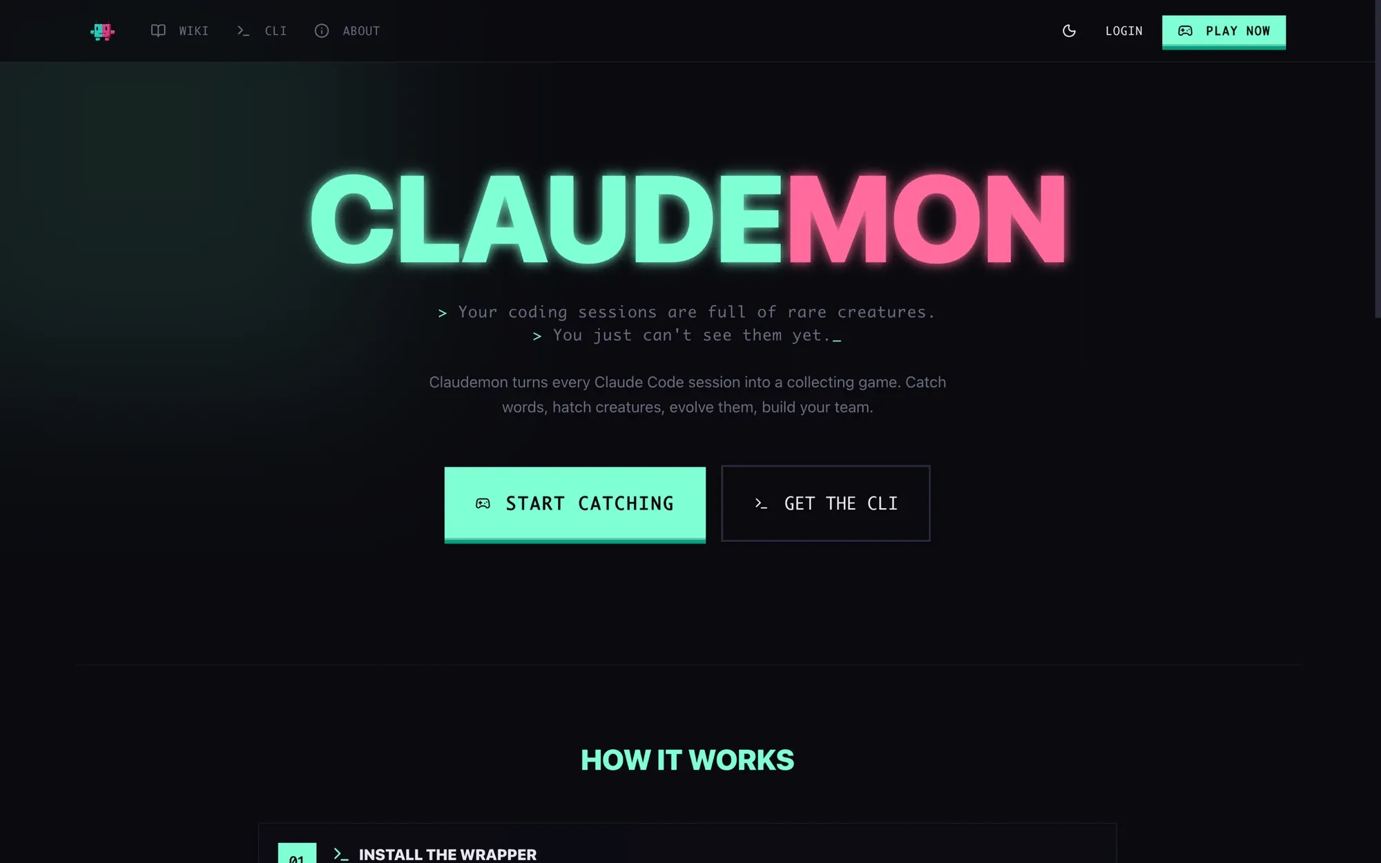 L’accueil de Claudemon : le titre en néon et les boutons « Start catching » et « Get the CLI ».