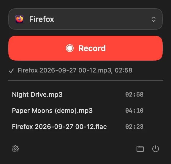 Le panneau de Sillio : le choix de la source (Firefox), le bouton Record et les derniers enregistrements.