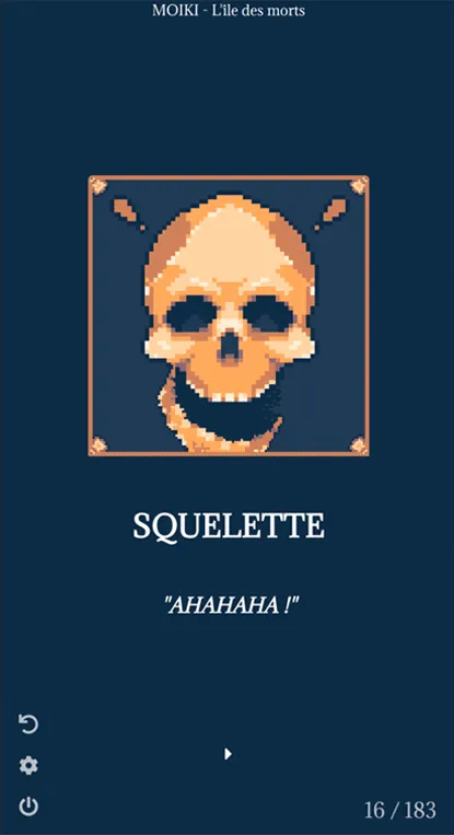 Lecture sur téléphone d’une histoire en pixel art : un crâne et le mot « SQUELETTE », page 16 sur 183.