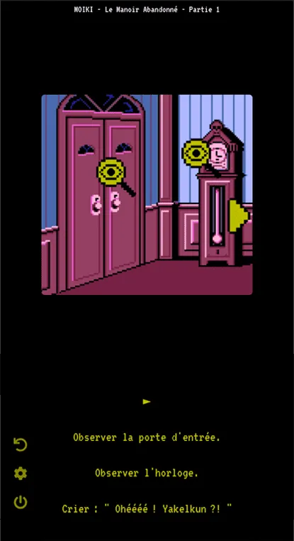 Lecture sur téléphone de « Le Manoir Abandonné », illustré en pixel art, avec trois choix proposés au lecteur.
