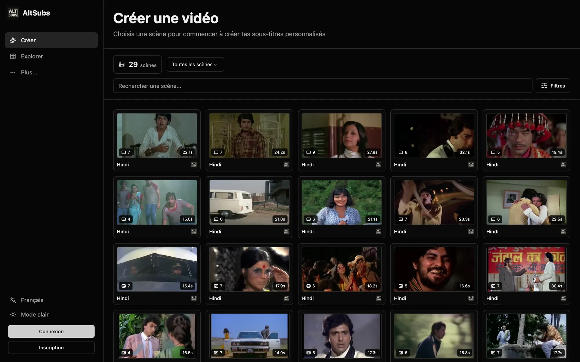 L’écran « Créer une vidéo » : une grille de scènes de films à choisir.