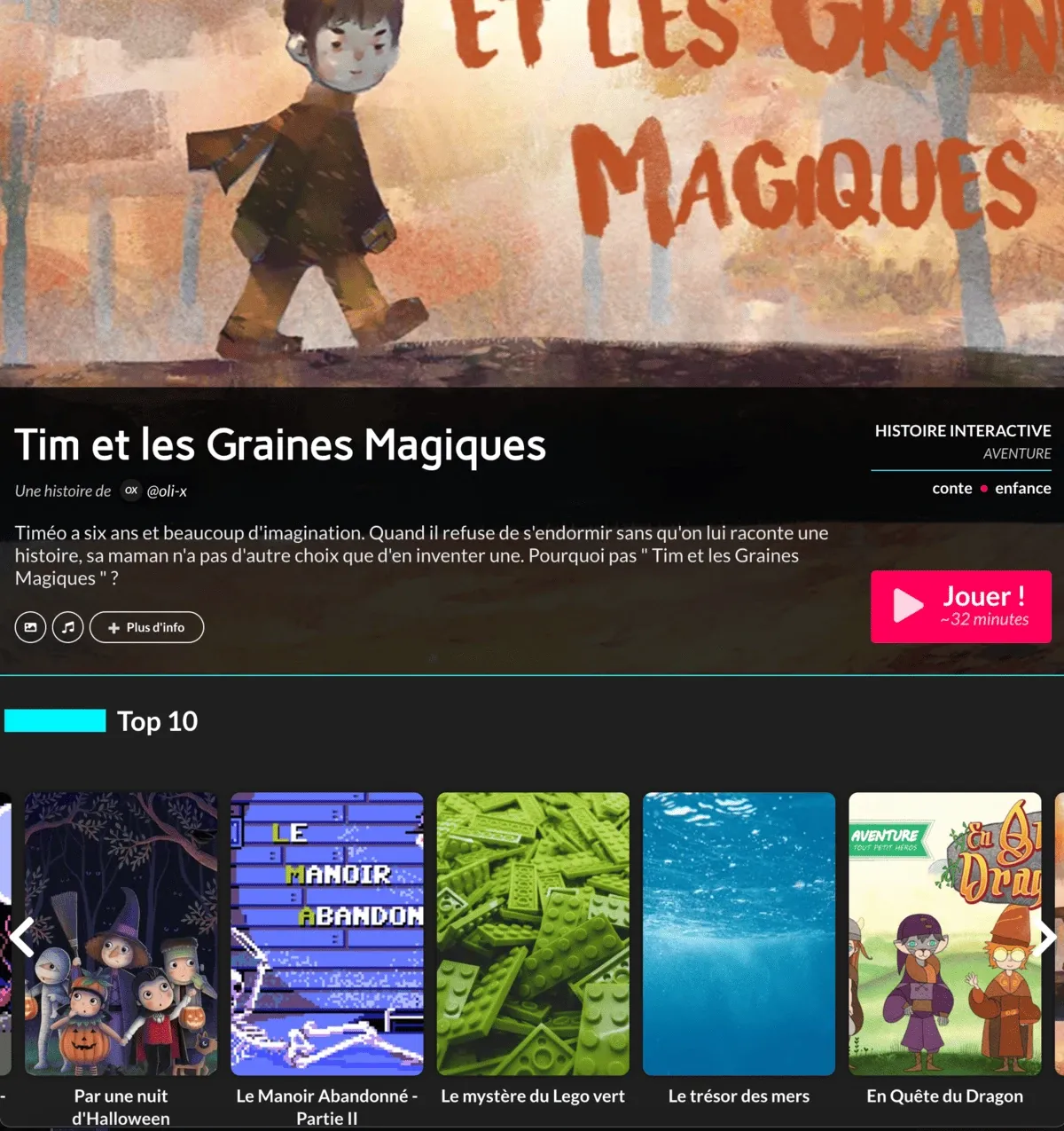 La fiche de l’histoire « Tim et les Graines Magiques » : illustration, résumé, bouton « Jouer ! » et carrousel du top 10.