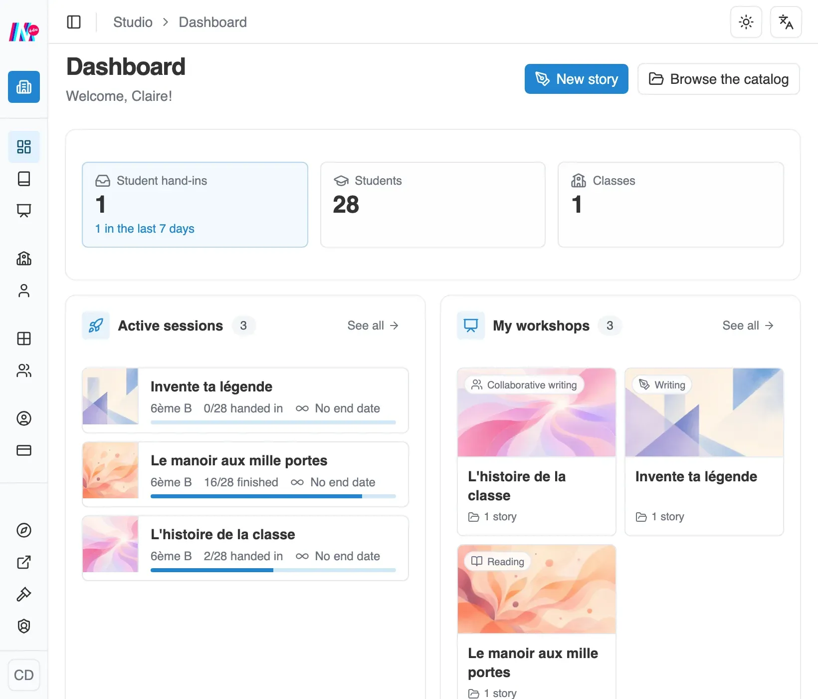 The Moiki EDU teacher dashboard: student submissions, ongoing sessions and workshops for a class.